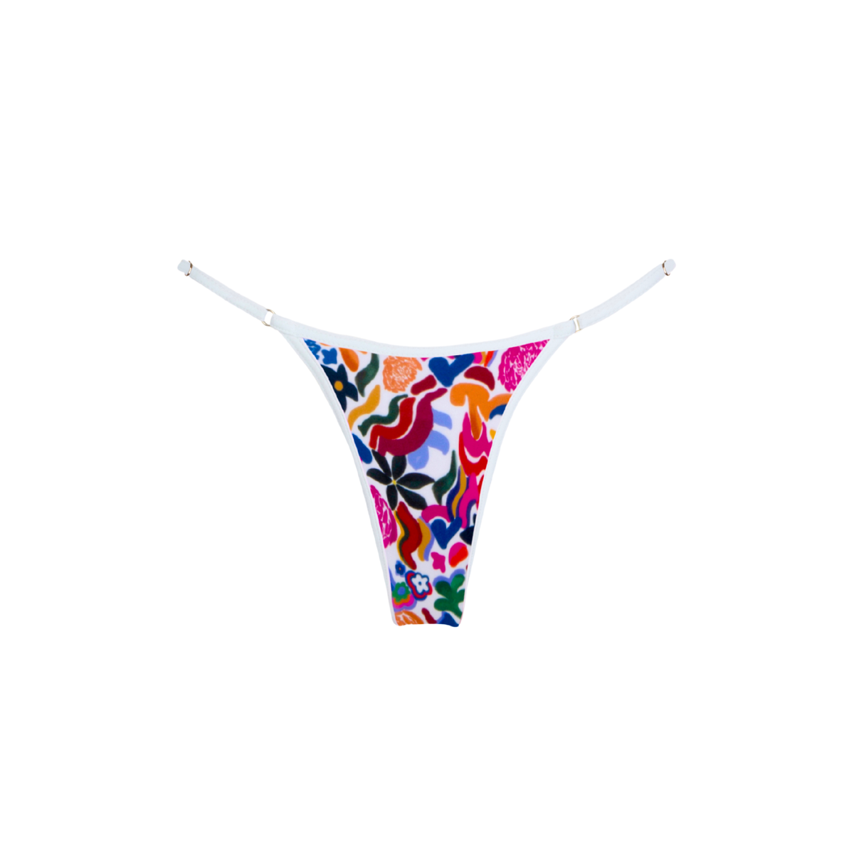 Colorful floral-patterned bikini bottom with adjustable side straps on a white background