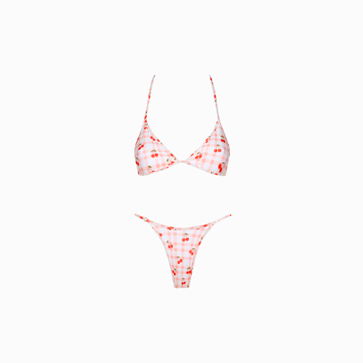 Bikini set with red and white cherry gingham pattern on a white background
