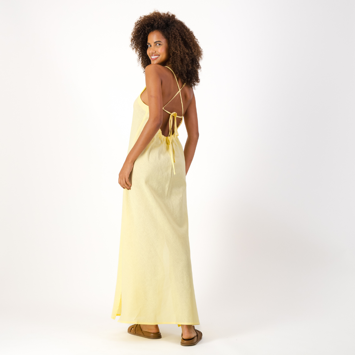 Womens Long Strappy Shift Dress / Plain / Yellow