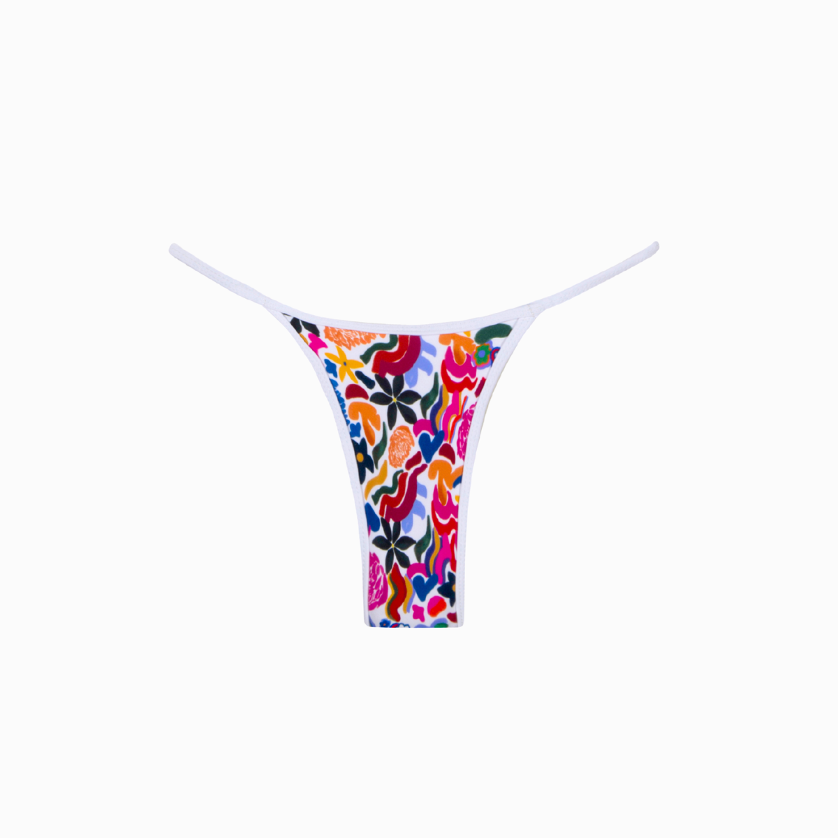 Colorful floral-patterned bikini bottom with adjustable side straps on a white background