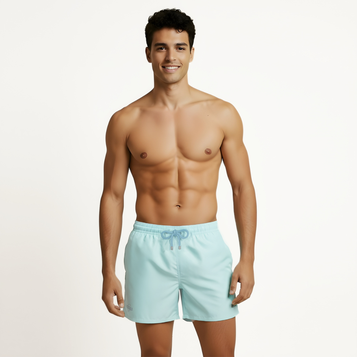 Mid-length Swim Shorts | Plain Embroidery / Blue