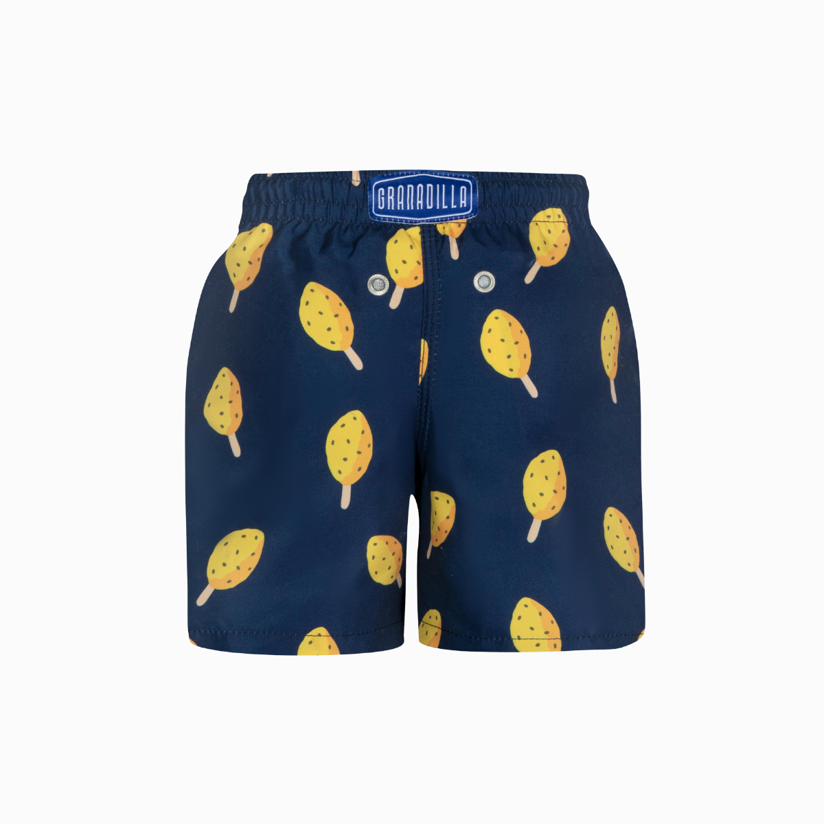 Navy kids swim shorts with granadilla lolly print