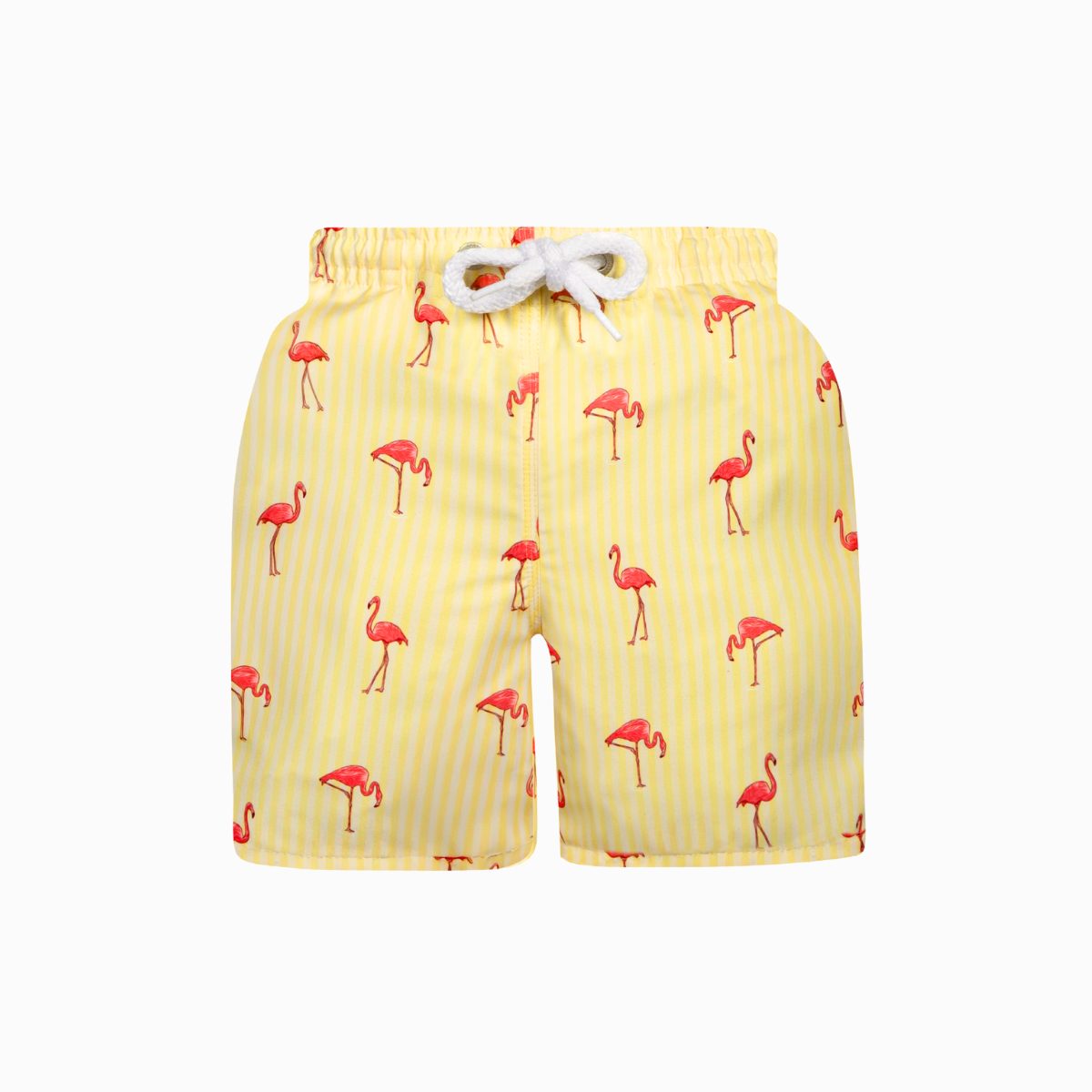 Yellow kids swim shorts with pink flamingo pattern