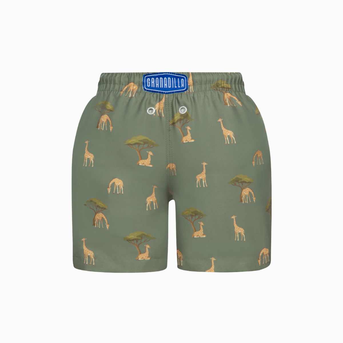Green kids swim shorts with giraffe print
