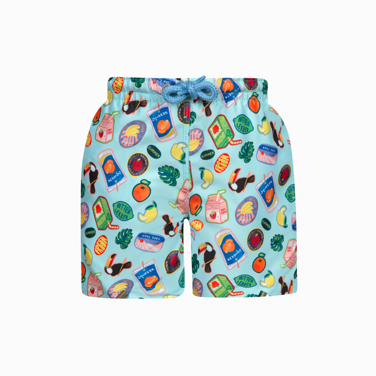 Kids swim shorts with juice box pattern and other local elements 