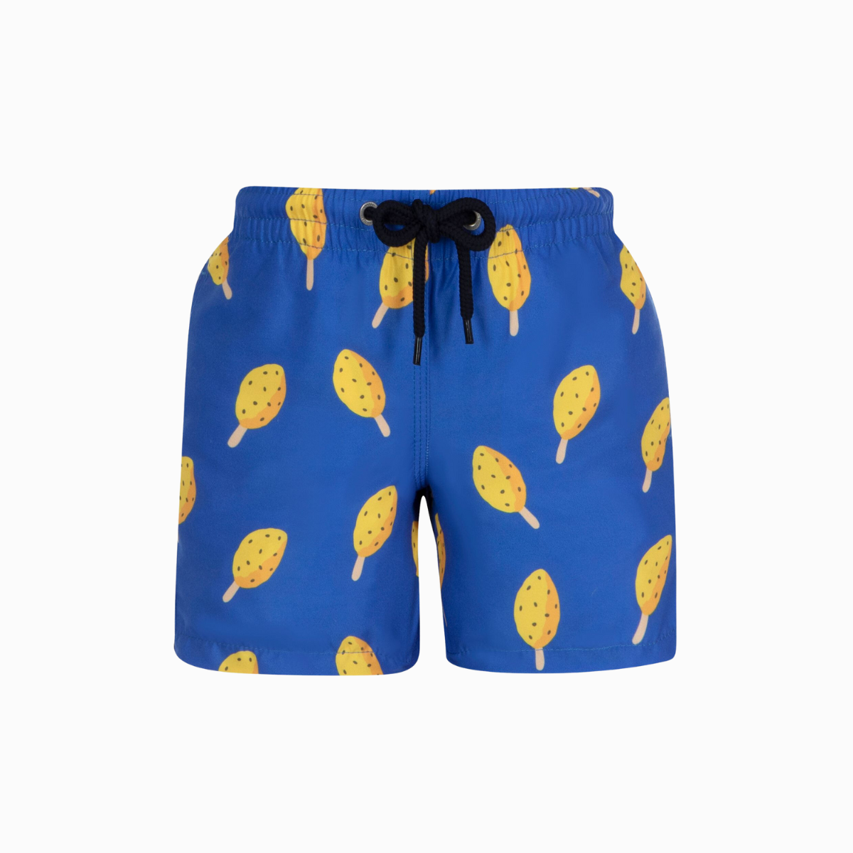 Cobalt blue kids swim shorts with granadilla lolly design