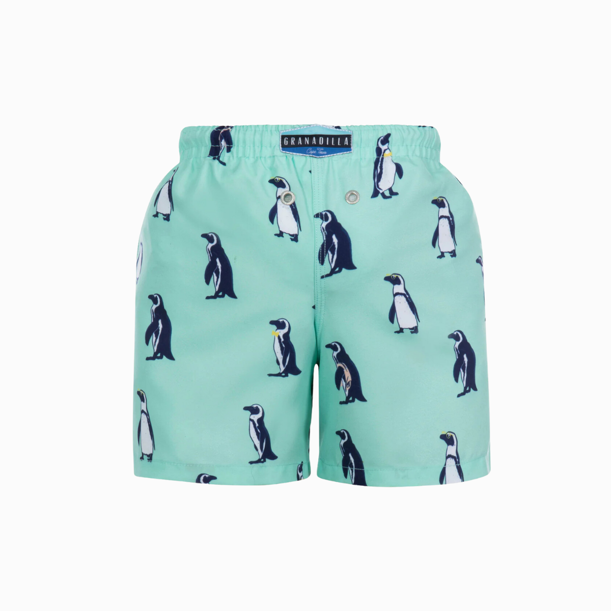Mint green kids swim shorts with penguins design