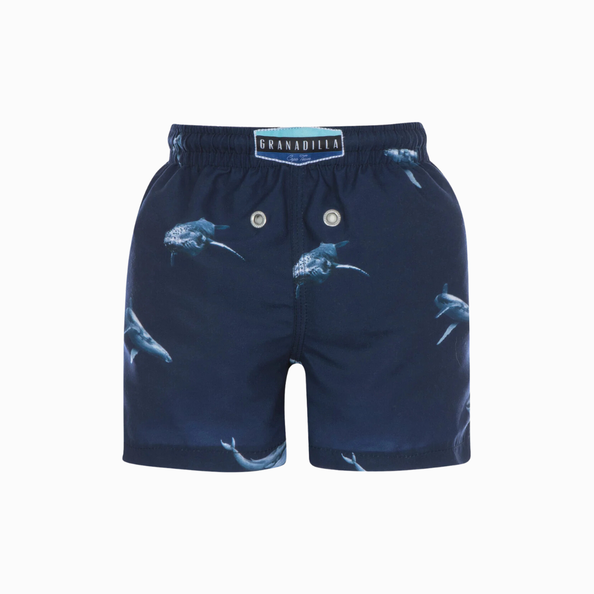 Navy blue Kids swim shorts with a sea life pattern, featuring whale motifs