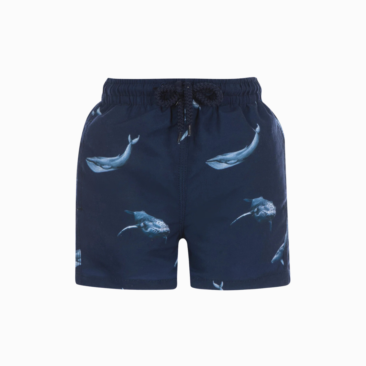 Navy blue Kids swim shorts with a sea life pattern, featuring whale motifs