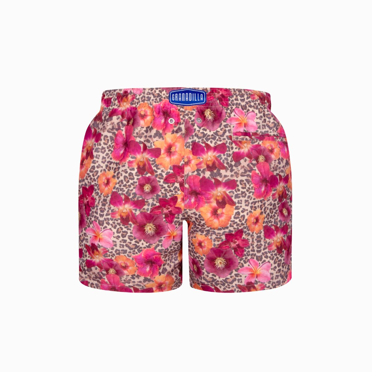 leopard and floral patterned swim shorts on a white background.