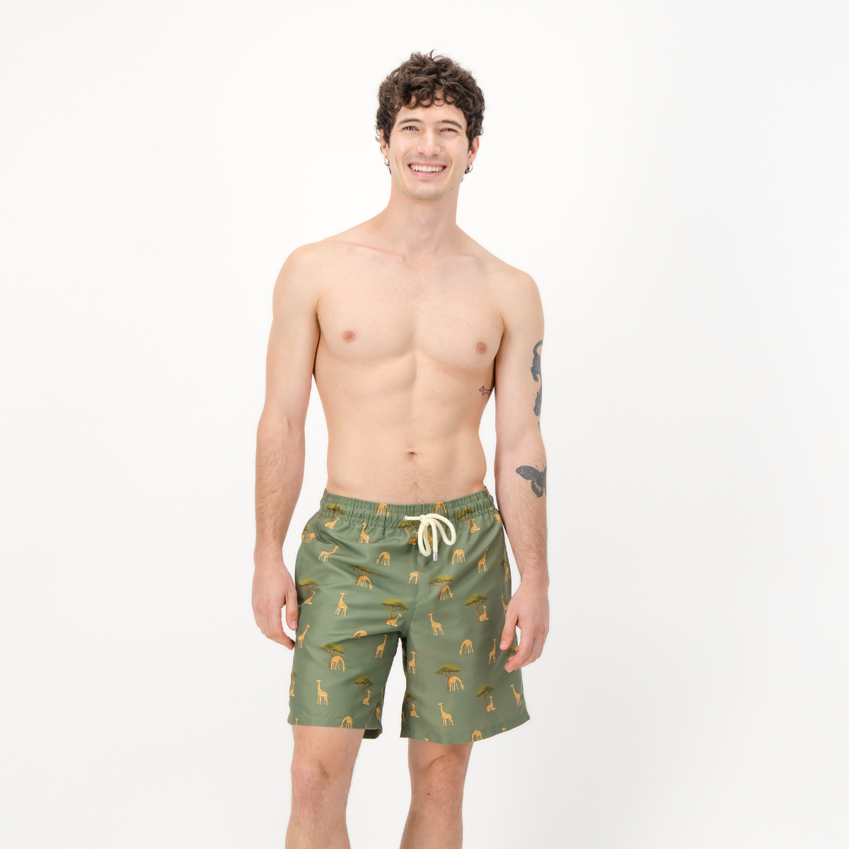 Mens Long Length Swim Shorts | Giraffes / Green
