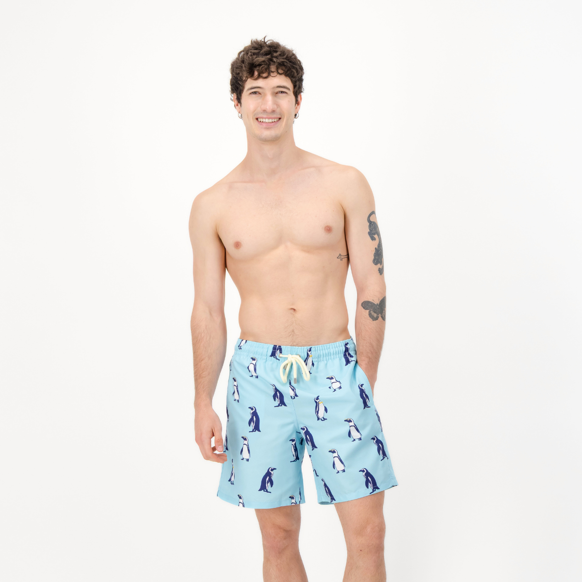 Mens Long Length Swim Shorts | Penguins / Baby Blue