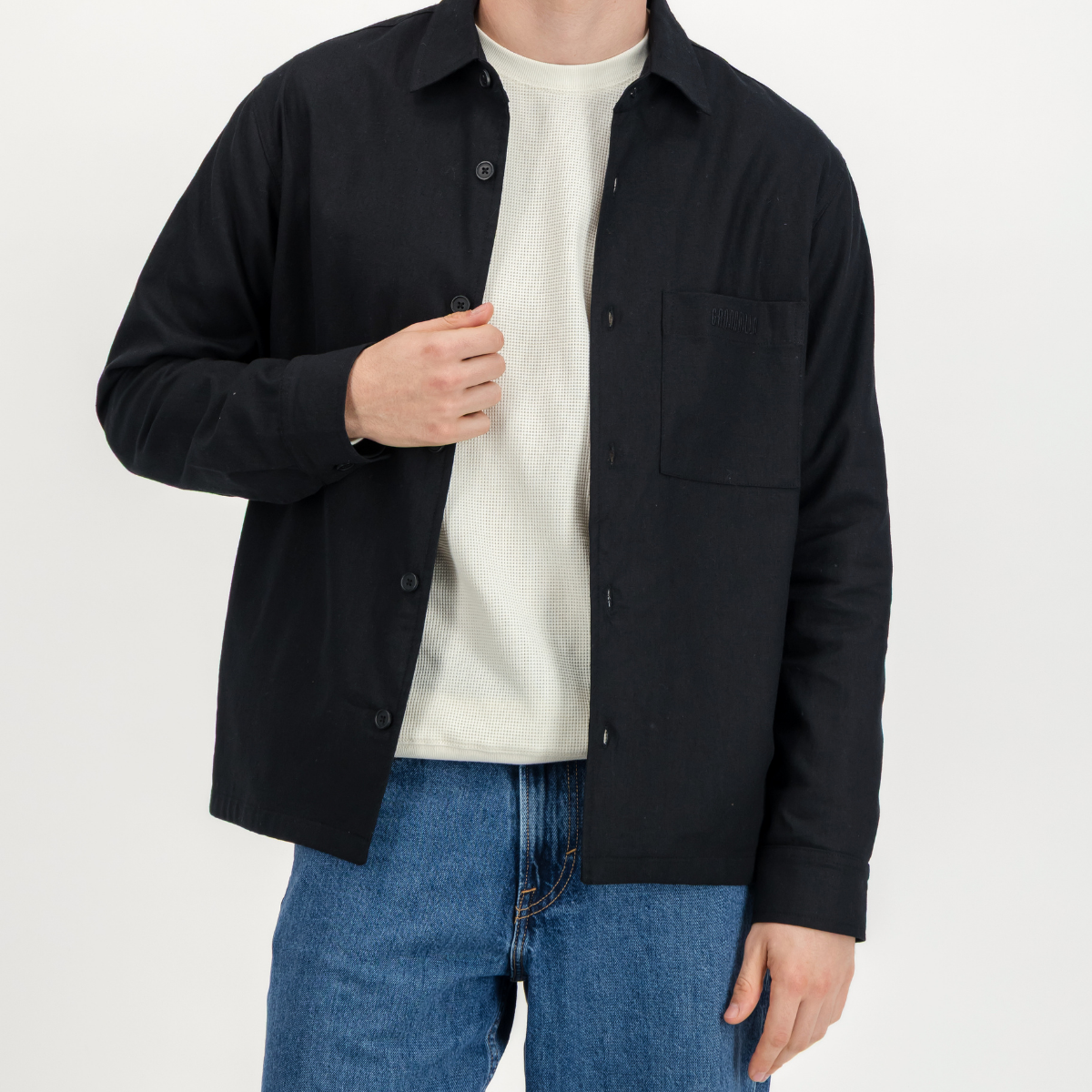 Mens Shacket with Side Entry Pockets | Plain / Black | Linen Blend
