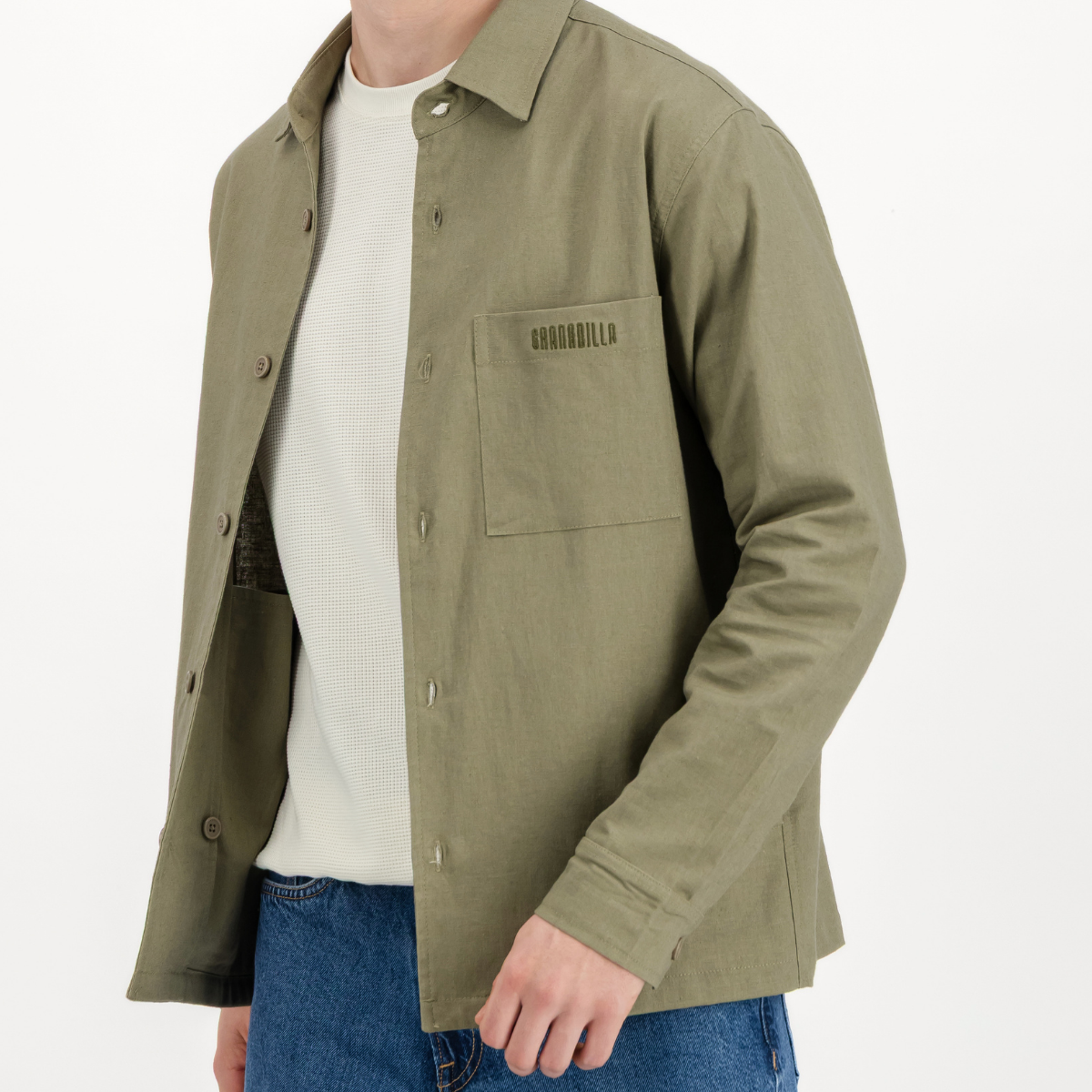 Mens Shacket with Side Entry Pockets | Plain / Olive | Linen Blend