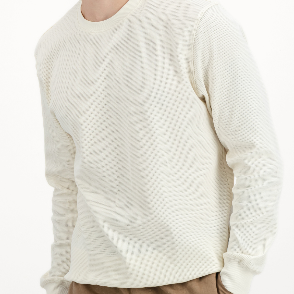 Mens Textured Long Sleeve Top | Plain / Off-White | Waffle