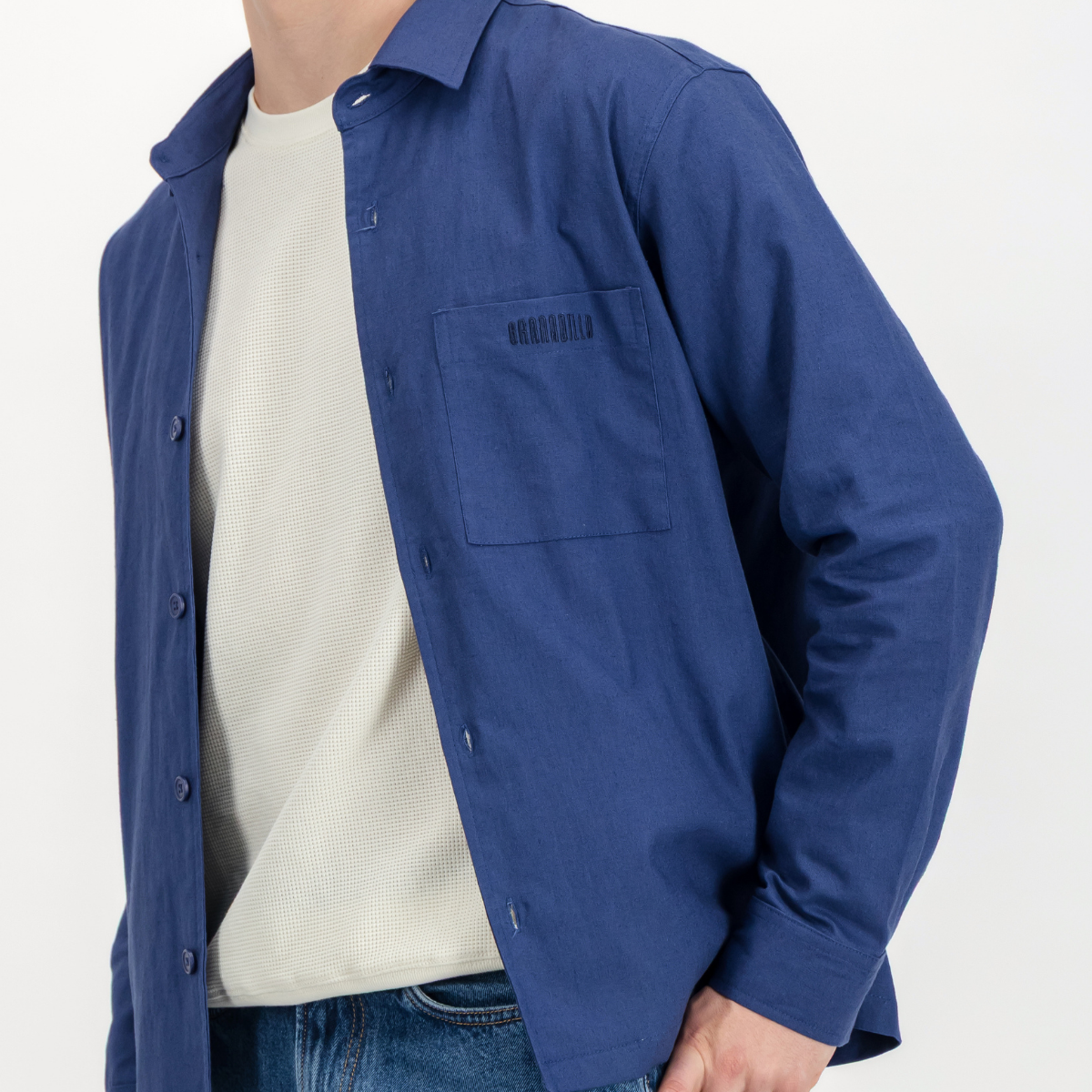 Mens Shacket with Side Entry Pockets | Plain / Blue | Linen Blend