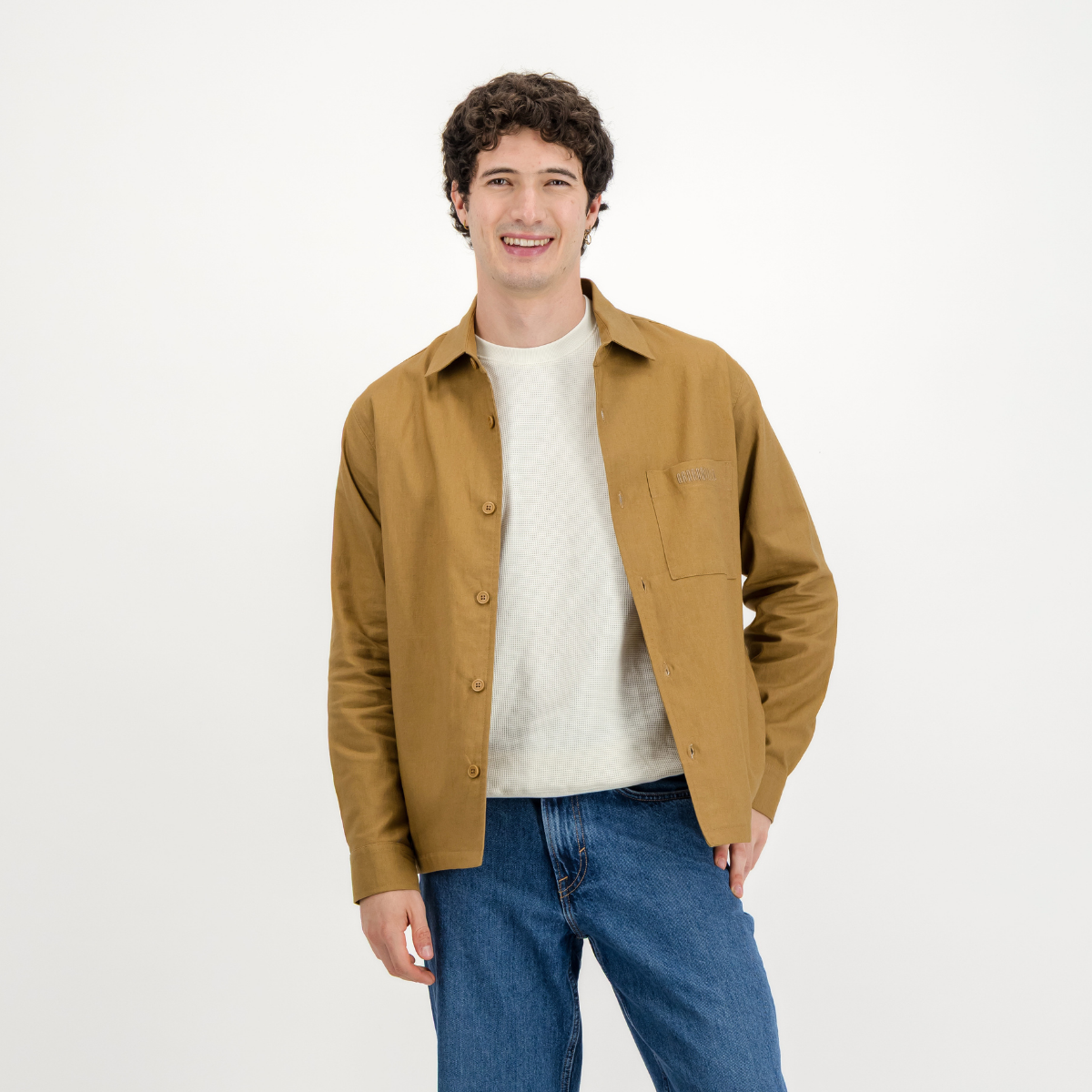 Mens Shacket with Side Entry Pockets | Plain / Camel | Linen Blend