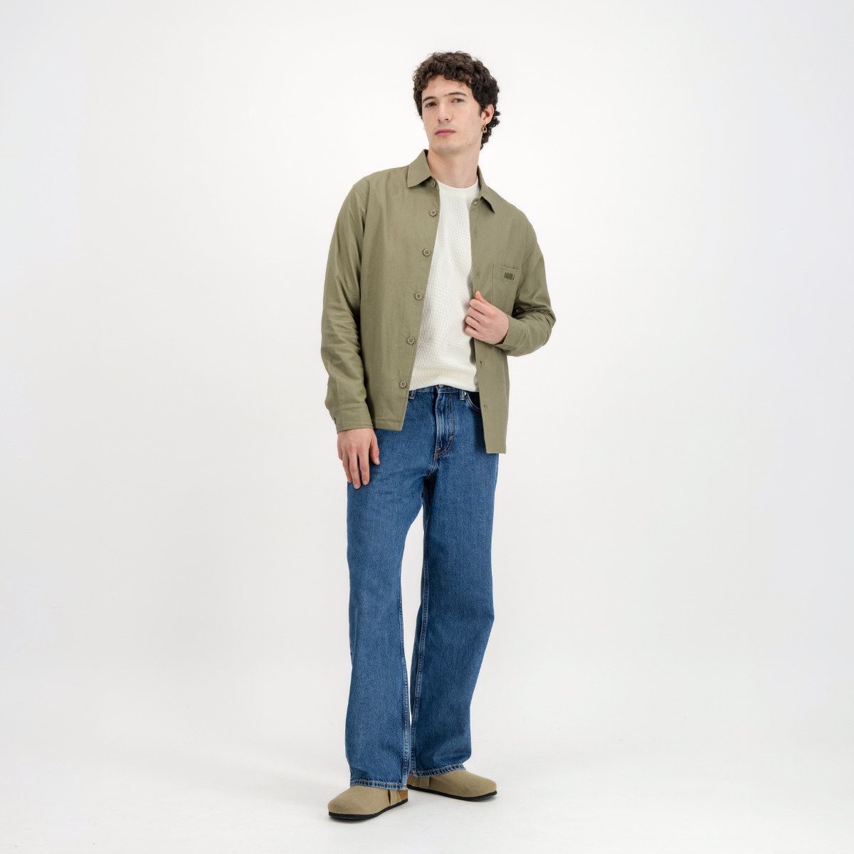 Mens Shacket with Side Entry Pockets | Plain / Olive | Linen Blend