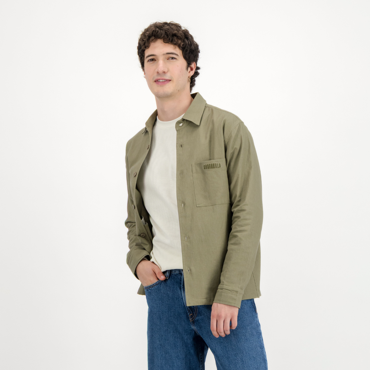 Mens Shacket with Side Entry Pockets | Plain / Olive | Linen Blend