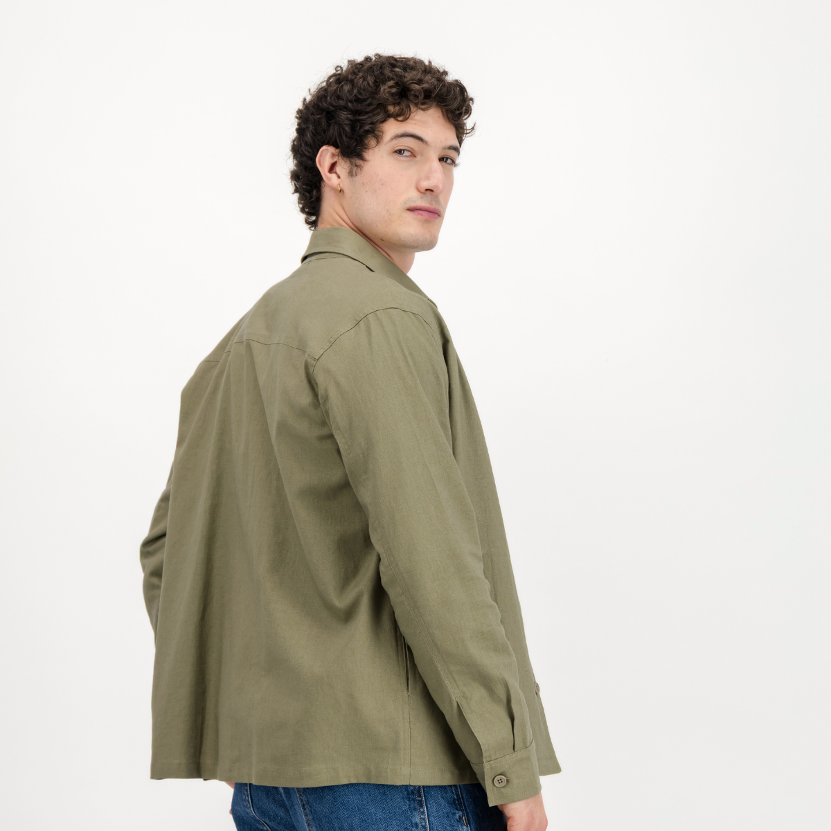 Mens Shacket with Side Entry Pockets | Plain / Olive | Linen Blend
