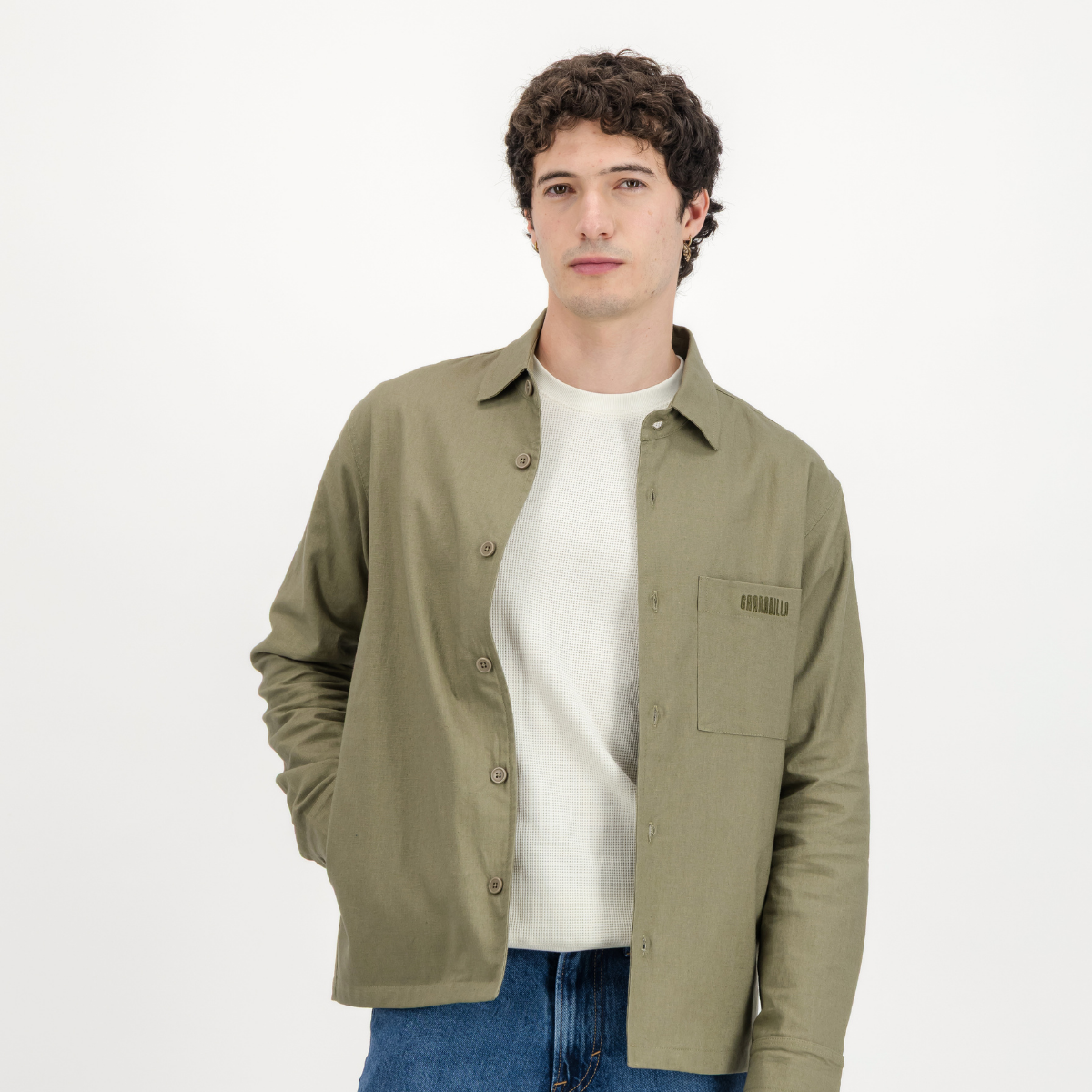 Mens Shacket with Side Entry Pockets | Plain / Olive | Linen Blend