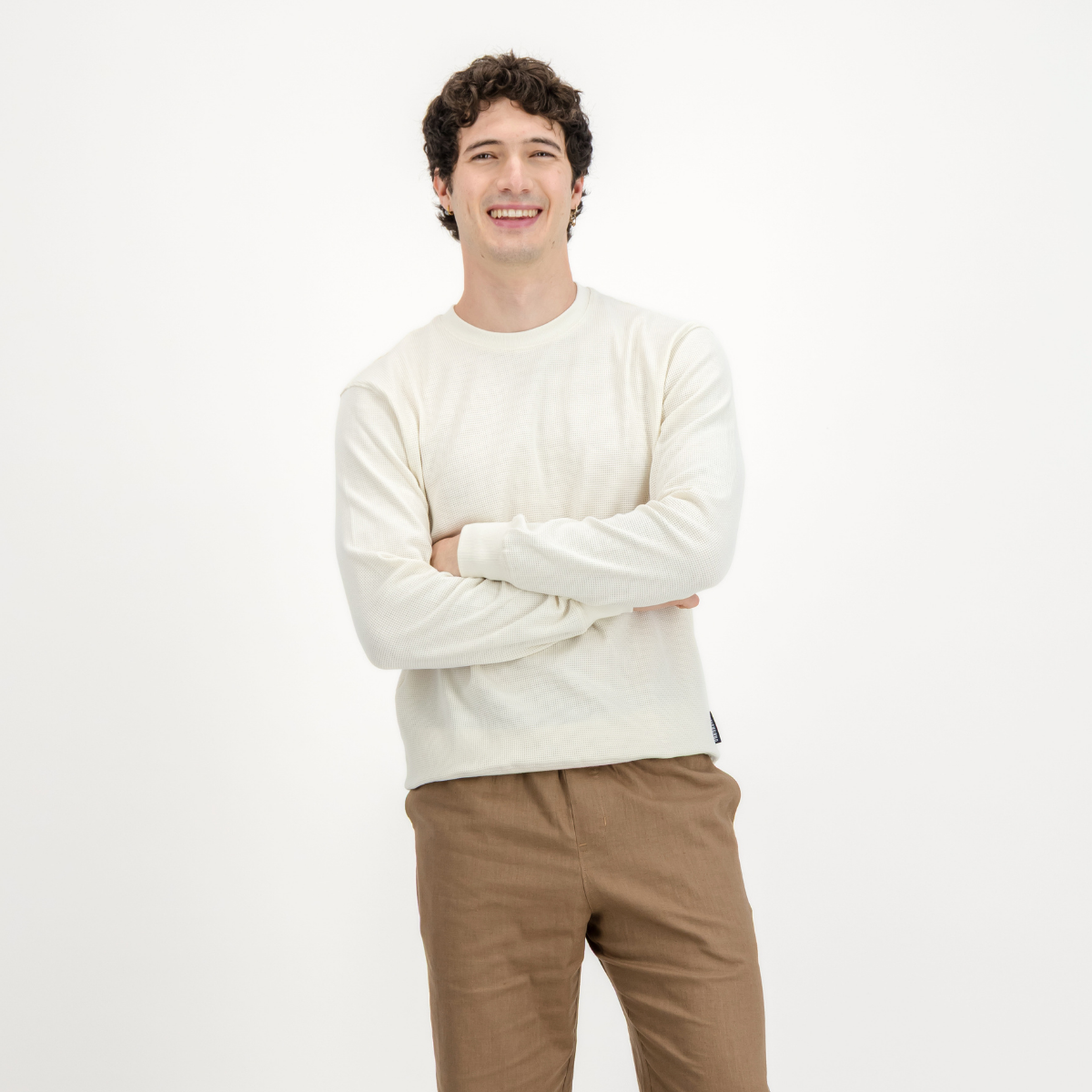 Mens Textured Long Sleeve Top | Plain / Off-White | Waffle