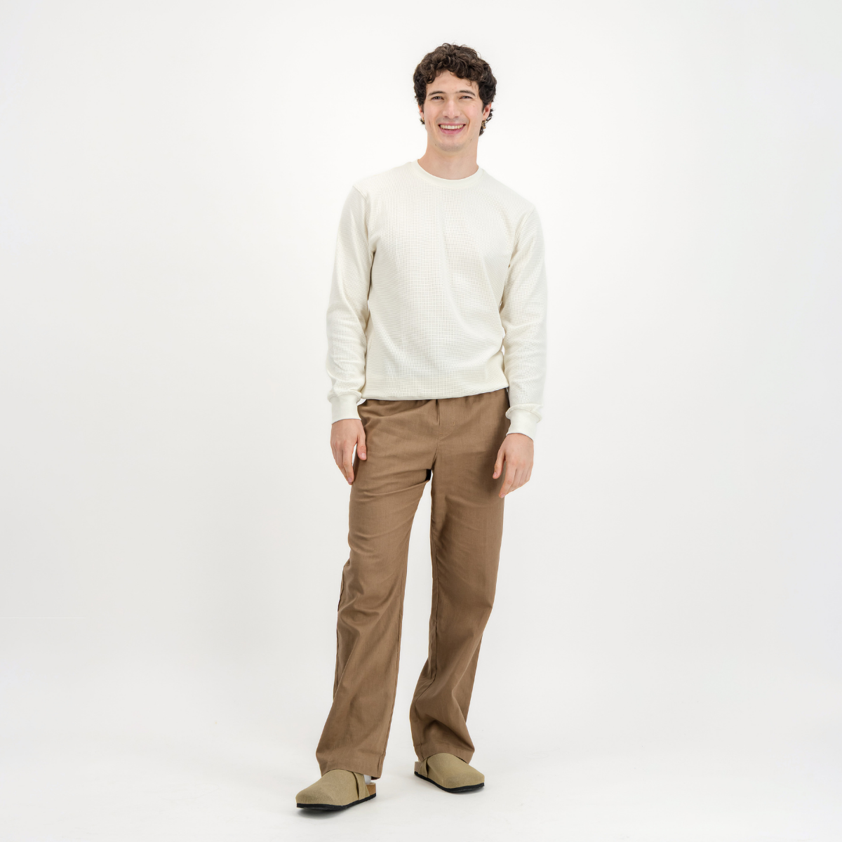 Mens Textured Long Sleeve Top | Plain / Off-White | Waffle