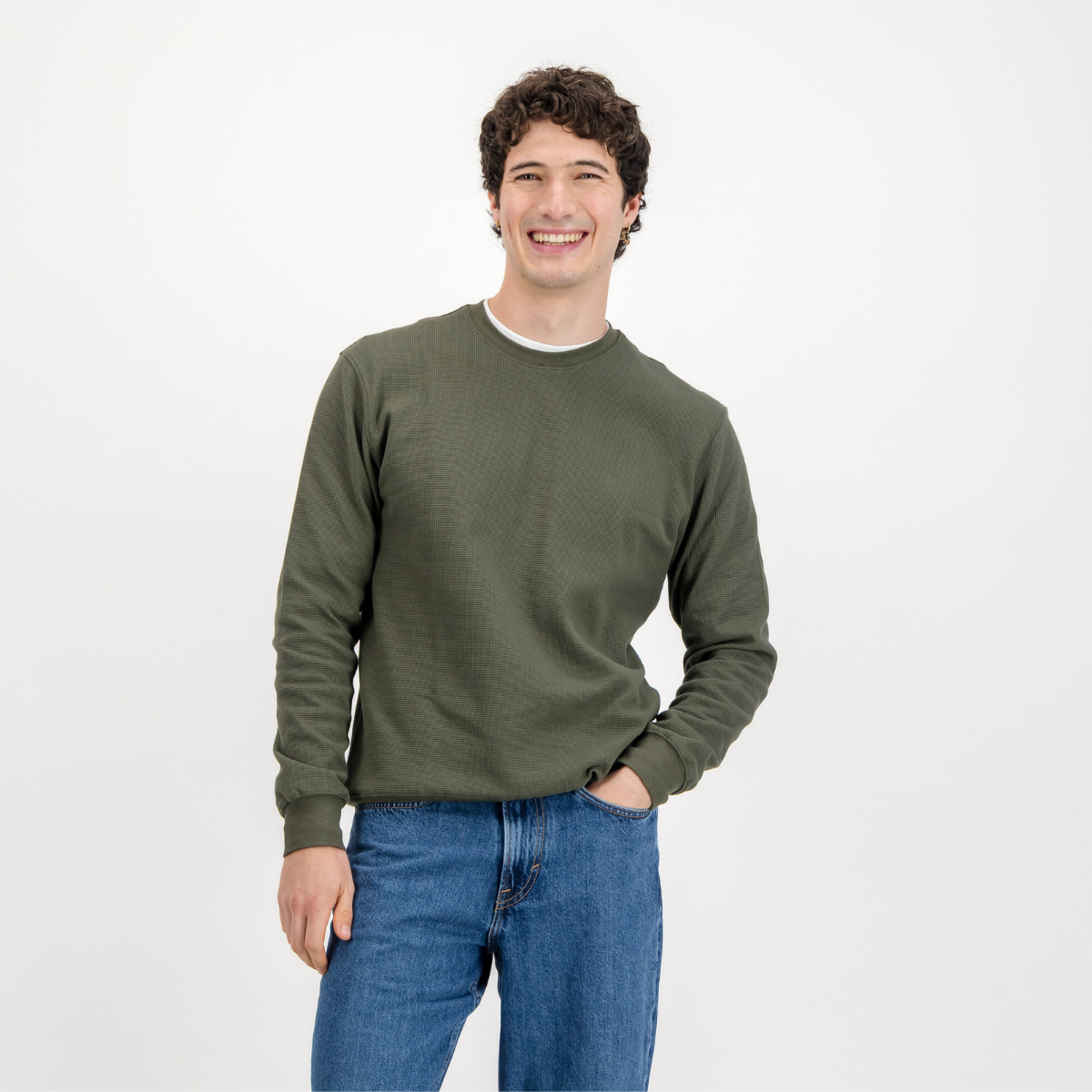Mens Textured Long Sleeve Top | Plain / Olive | Waffle