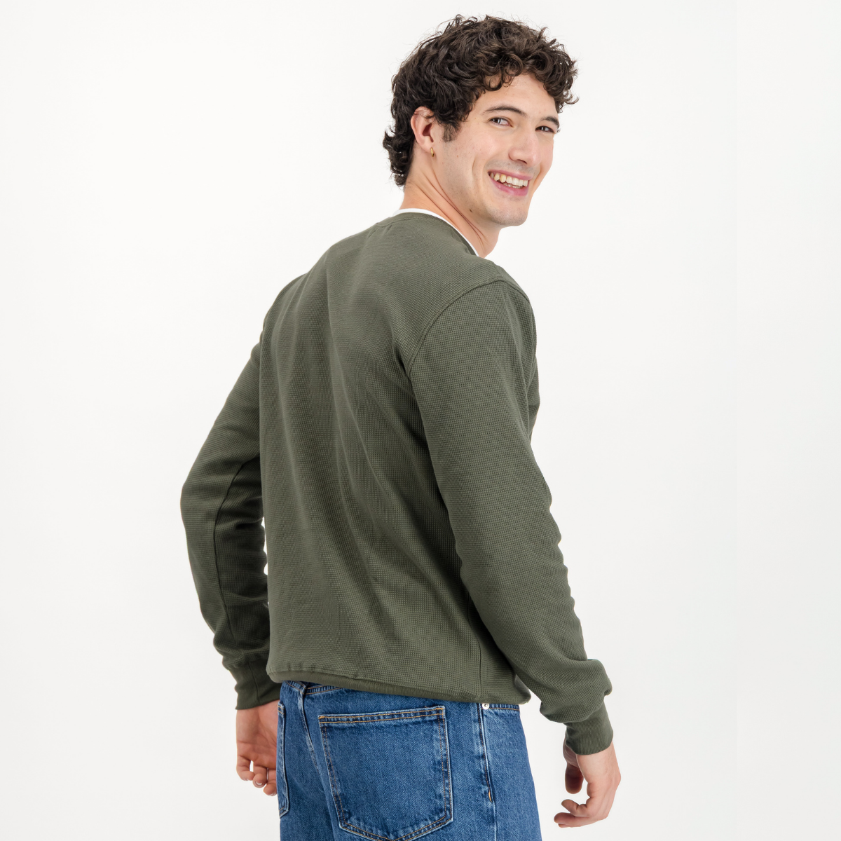 Mens Textured Long Sleeve Top | Plain / Olive | Waffle