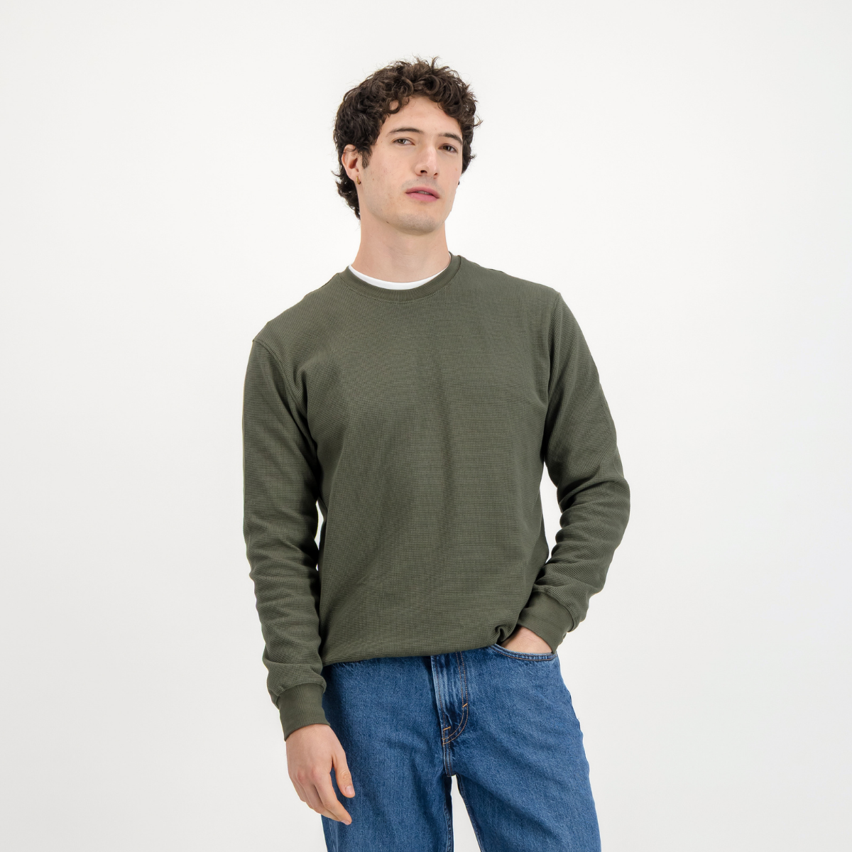 Mens Textured Long Sleeve Top | Plain / Olive | Waffle