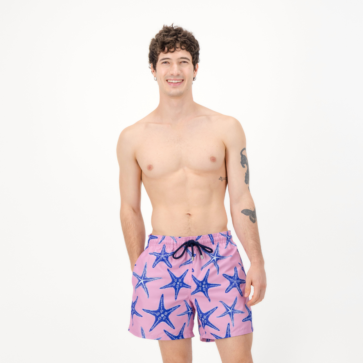 Mid-length Swim Shorts | Blue Starfish / Pink