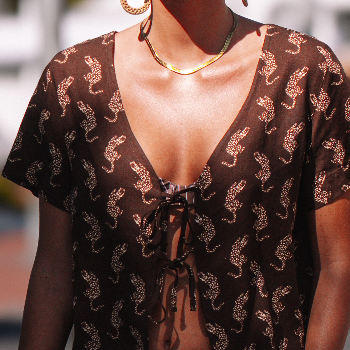 Womens Short Sleeve Tie Top / Leopard / Brown