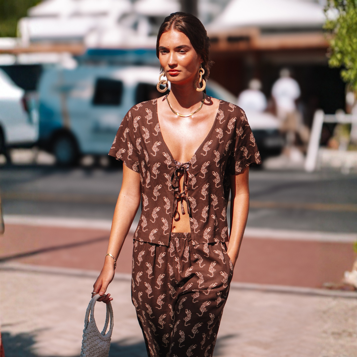Womens Short Sleeve Tie Top / Leopard / Brown