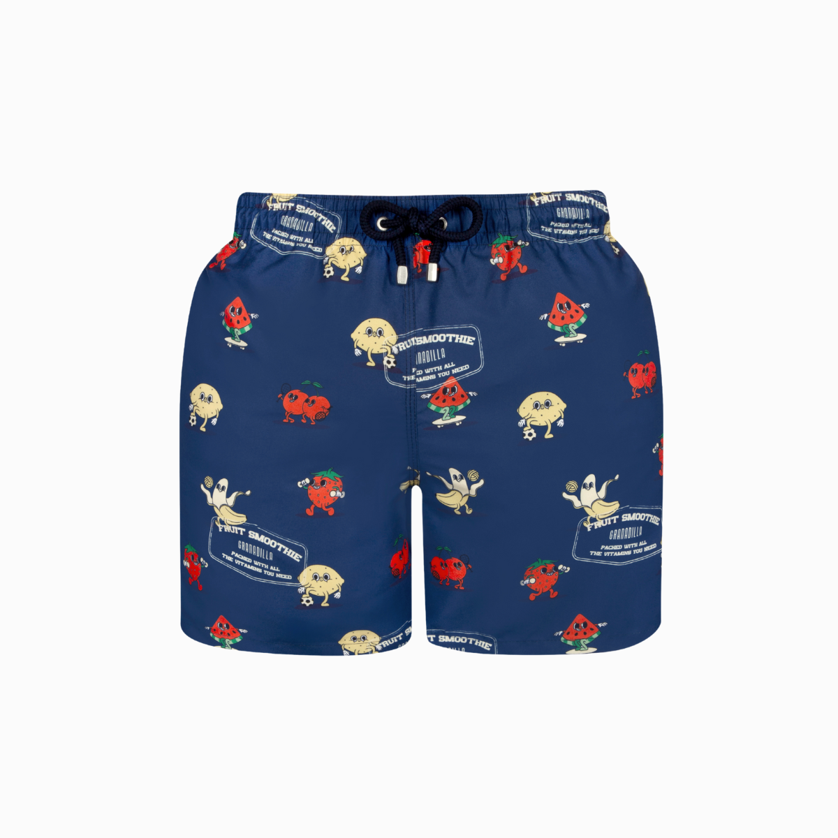 Blue swim shorts with cartoon character pattern on a white background