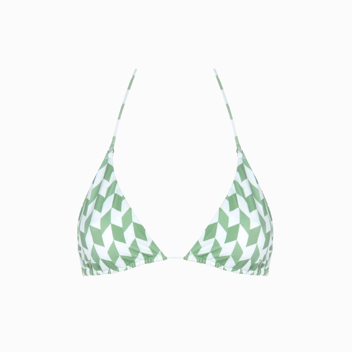 A green and white hounds tooth triangle bikini top with adjustable cups and straps