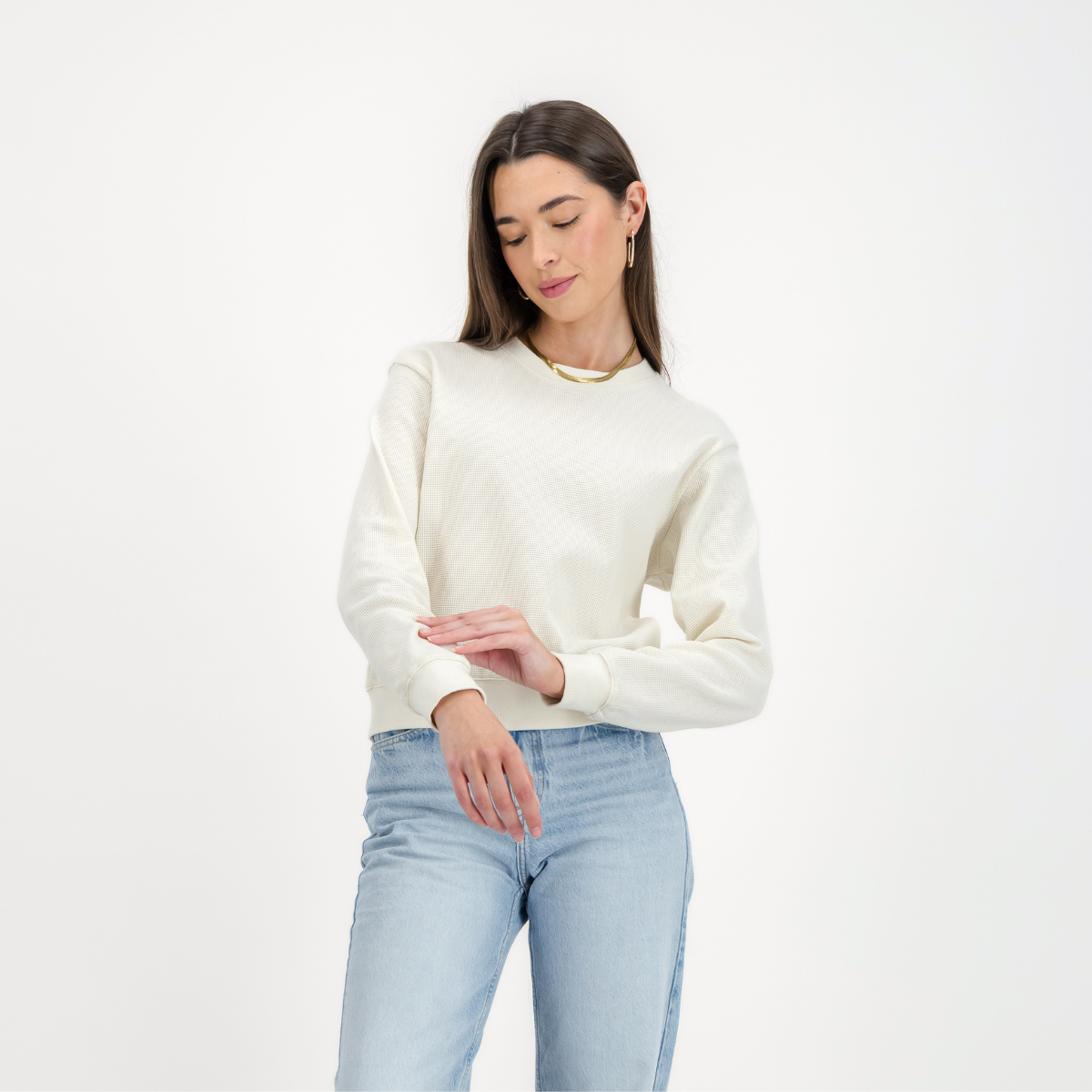 Womens Textured Long Sleeve Top | Plain / Off-White | Waffle