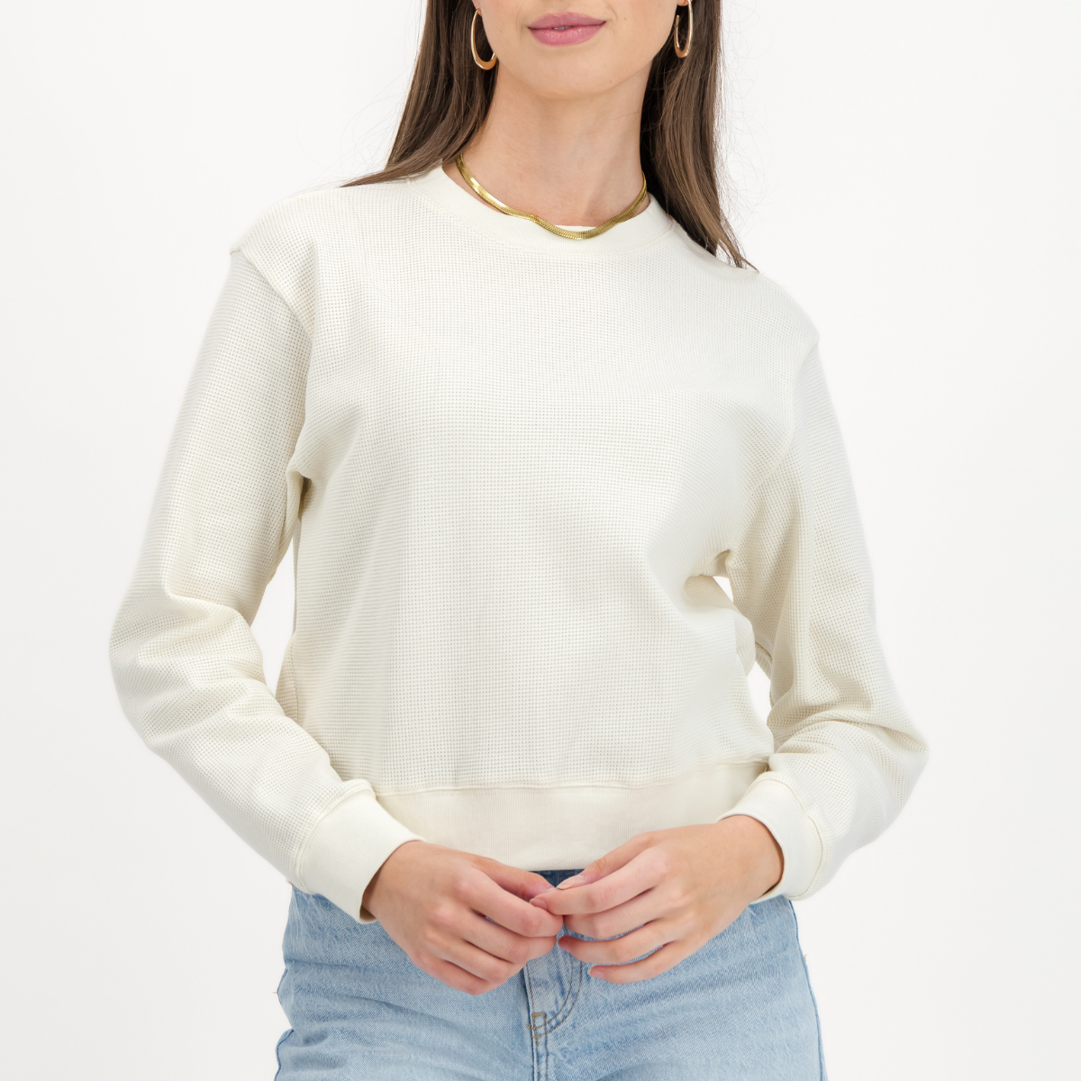Womens Textured Long Sleeve Top | Plain / Off-White | Waffle
