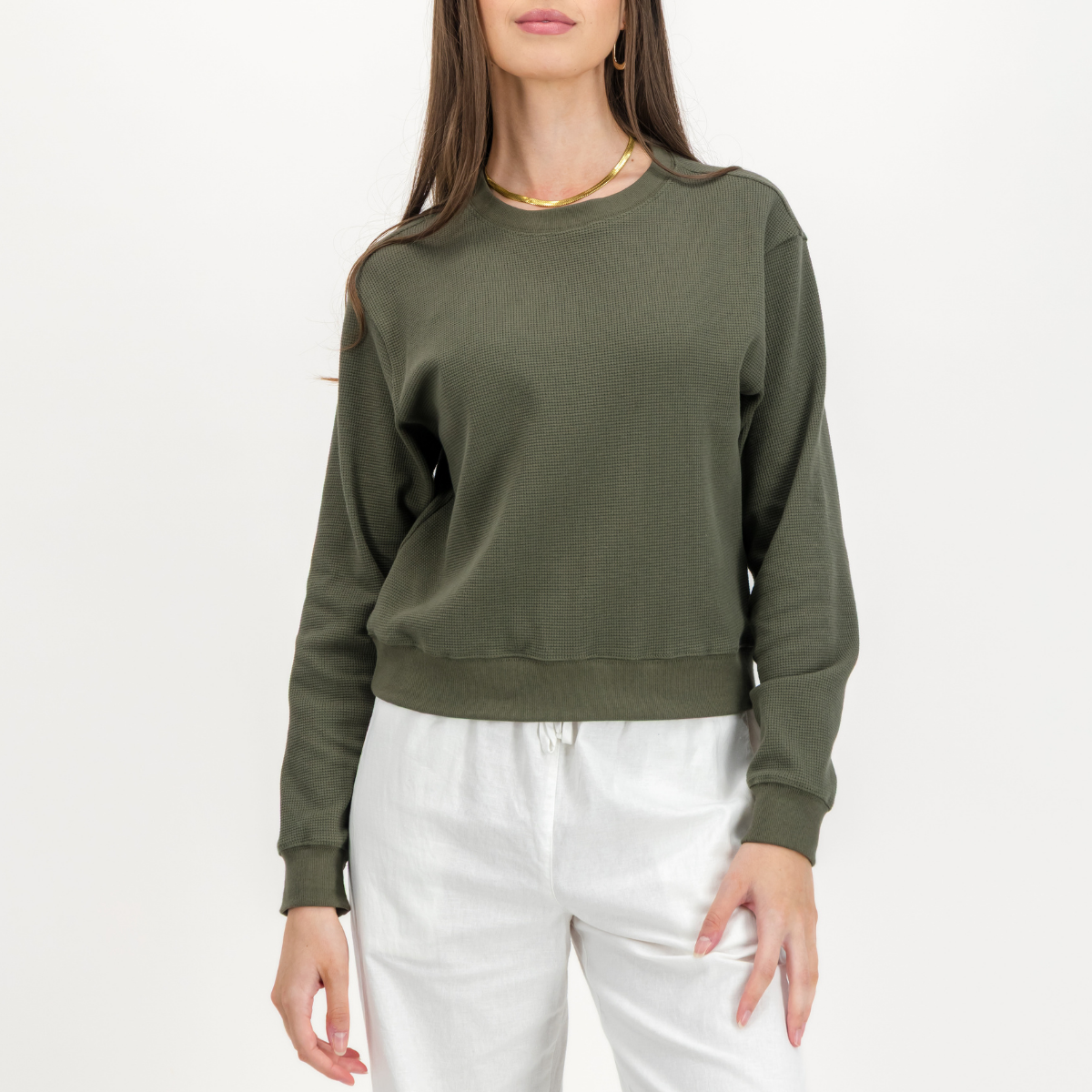 Womens Textured Long Sleeve Top | Plain / Olive | Waffle