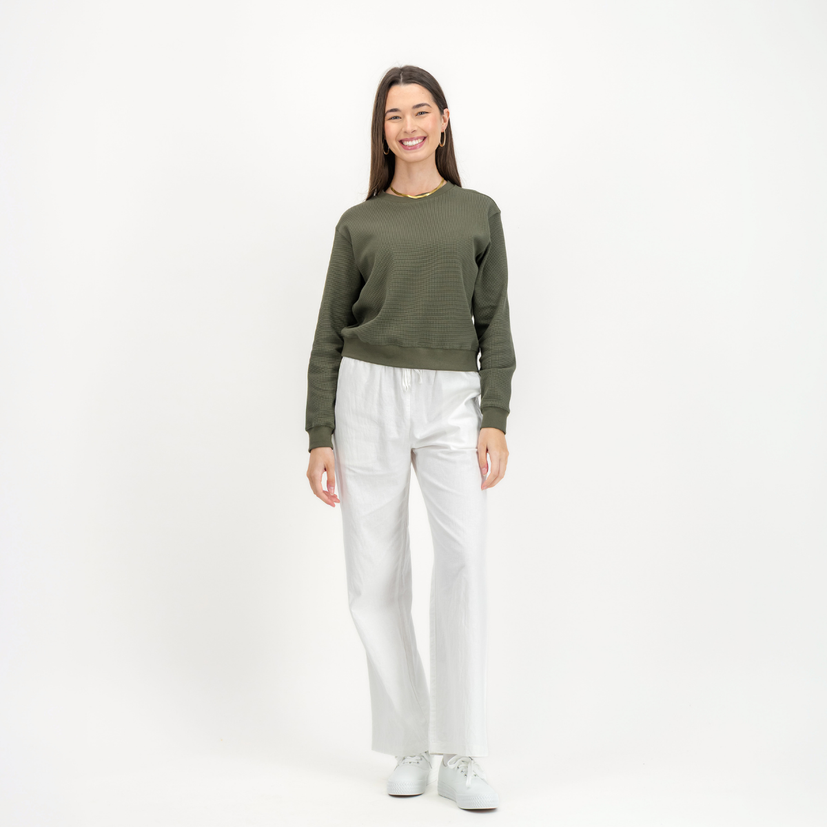 Womens Textured Long Sleeve Top | Plain / Olive | Waffle