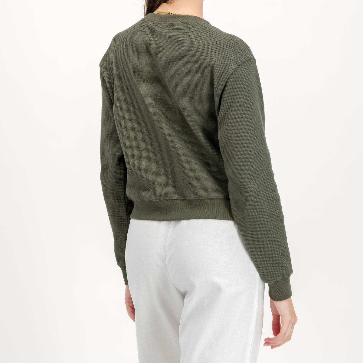 Womens Textured Long Sleeve Top | Plain / Olive | Waffle
